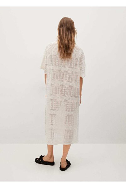 MANGO Woman Γυναικείο πλεκτό καφτάνι Ekrü διάτρητο
