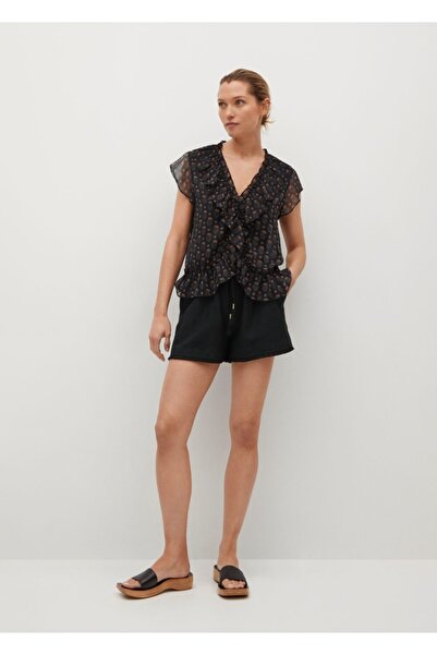 MANGO Woman Women's Black Patterned and Ruffled Shirt