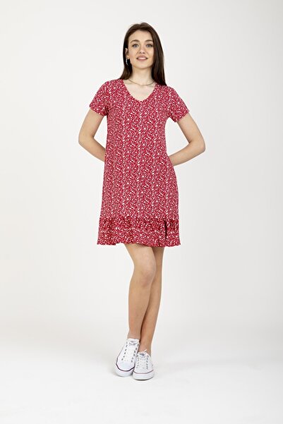 MD trend Women's Red V-Neck Skirt Flounced Floral Pattern Dress