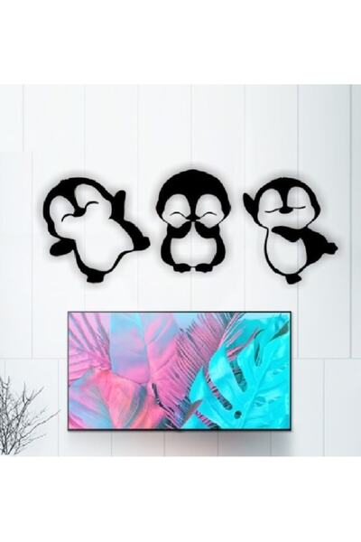 MİNAY HOME Sevimli Penguenler Ahşap Lazer Kesim Duvar Dekoru - Duvar Süsü