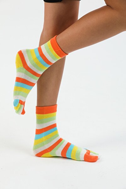 TÜMHAN laCOTON Kadın Çizgili Soket Parmaklı Çorap Apricot (sarı)