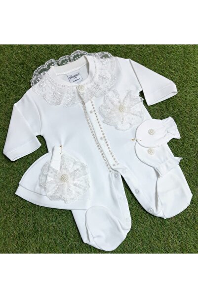 Sönmez Baby Sıra Incili Fistolu Penye Tulum Şapka Ve Eldiven Kız Bebe Takımı