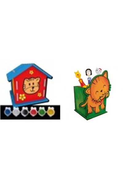 Redka/KumToys Kumtoys 3-Piece Wooden Model Painting Set - Pen Holder and Piggy Bank & Bird House & Clock Painting