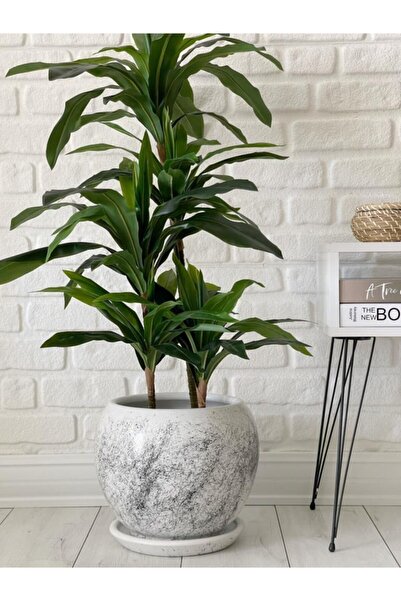 odka 20litre Küre Saksı Tabaklı 27cmx27cm Beyaz Renk Mermer Desenli