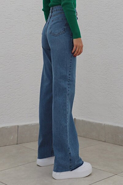 Livik Power Lycra Women's Mid Blue Snow Wash Super High Waist Lycra Loose Leg Denim Jeans