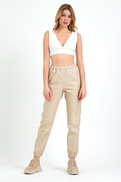 Leather Club Krem Spor Fit Deri Pantolon