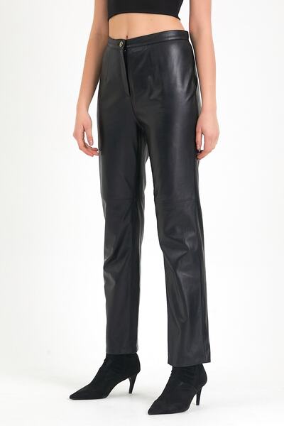 Leather Club Siyah Regular Fit Deri Pantolon