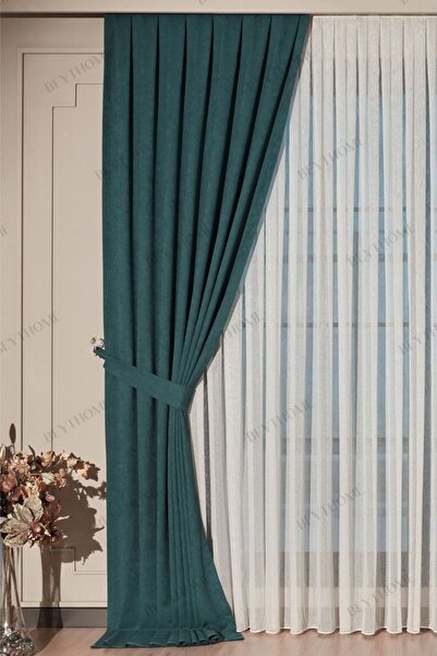 Beythome Petrol Yeşil Soft Kadife Fon Perde  Pileli Tek Kanat
