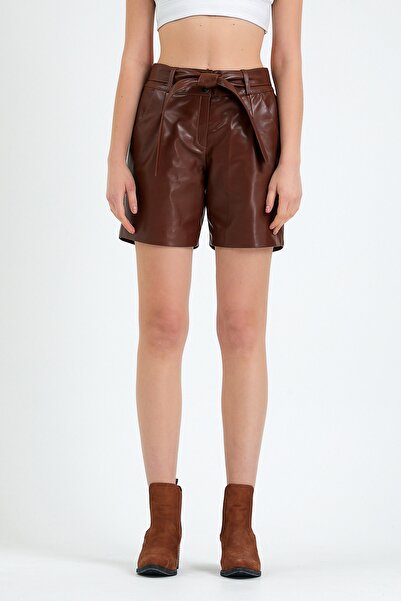 Leather Club Kahve Mini Deri Şort