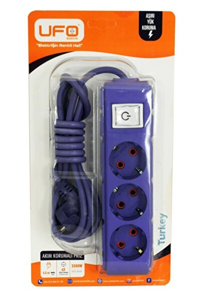 UFO Akım Korumalı Anahtarlı 1,5 Metre Mor Renkli Üçlü Priz