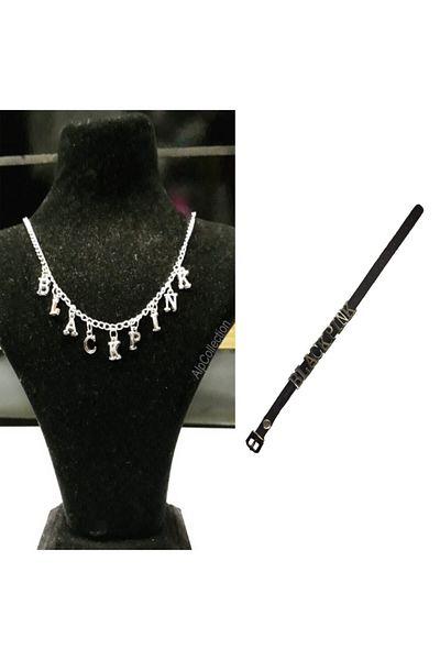 AlpCollection Gray Blackpink Letter Necklace and Leather Bracelet Set of Two Jewelry