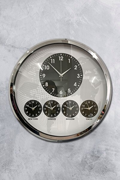 Platin Saat 52 Cm Metal Krom Dünya Duvar Saati