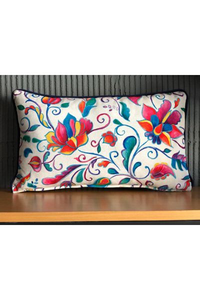 Fabricland Față de pernă albă cu model de flori colorate din catifea de mătase importată (MOLAN DUBLĂ)