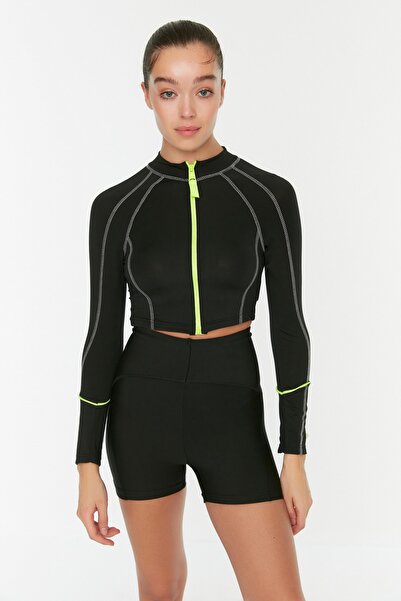 Trendyol Collection Μαύρο Crop Neon μανίκι με φερμουάρ με λεπτομέρεια πλεκτό αθλητικό μπλουζάκι/μπλούζα TWOSS21BZ0445