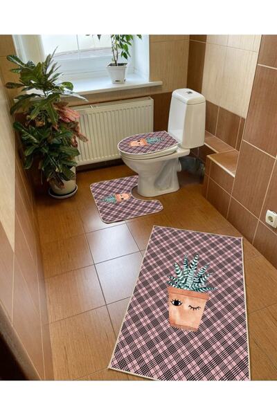 Modern home Cactus Set of 3 Bath Mat, Toilet Seat Set Non-Slip Base Digital P...