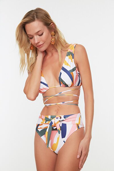 Trendyol Collection Abstrakt gemusterte Bikinihose mit hohem Bund und detailliertem Bindeband TBESS22BA0083