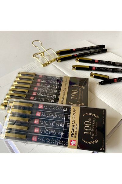 Mandalart Fabric Micron Technical Pen Sets, 100th Anniversary Gold Series, Pigma Black Ink, Set of 6