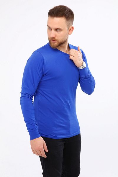 Çamdalı İş Elbiseleri V-Neck Saks Blue Long Sleeve Sweatshirt Single Jersey Business T-Shirt T-Shirt