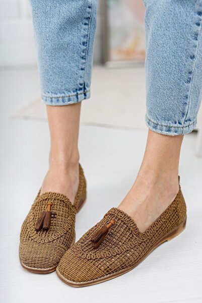 Mia Butik باليه راقصة باليه نسائية منسوجة باللون البني المضفر