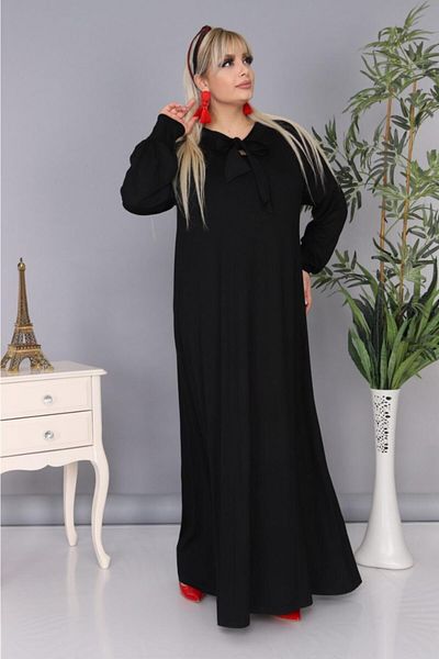 Mezura Women's Tie Collar Long Sleeve Hijab Suitable Long Viscose Combed Cotton Dress
