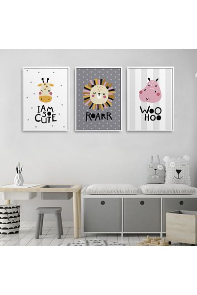HOMEPACK White Laminated Framed Children's Room 3-Piece Painting Set Kids-B13