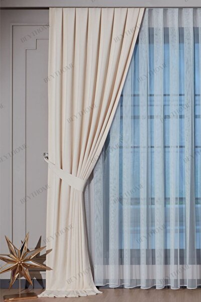 Beythome Krem Soft Kadife Fon Perde - Pileli Tek Kanat X 2,5 Sık Pile