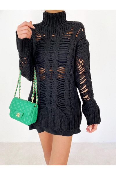 Bengi Clothing Pulover negru din tricotaje rupte cu talie înaltă - Model oversize pentru damă