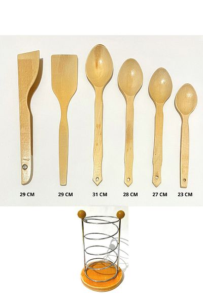 Kitchen Mania 7 Piece Luxury Glossy Beech Varnished Wooden Spoon Wooden Spatula Tree Tongs Set - Metal Stand