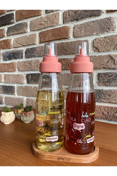 Bayev Hola Non-Drip Oil Vinegar Set with Wooden Stand Pink Lid