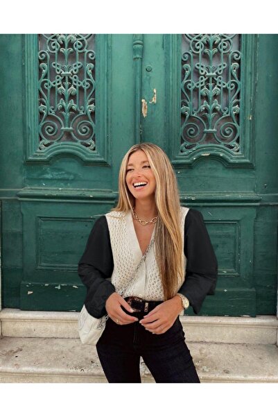 1Moda1Tarz Γυναικεία Μαύρη Μπλούζα με Σχέδιο από Ύφασμα Ποπλίνα, με Γιακά Σάλ...