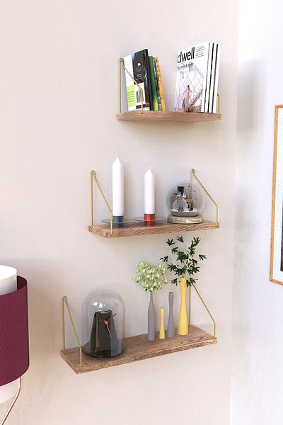 Roomie Home Wall Shelf Set of 3 Bookshelf Kitchen Bathroom Living Area Gold Arm