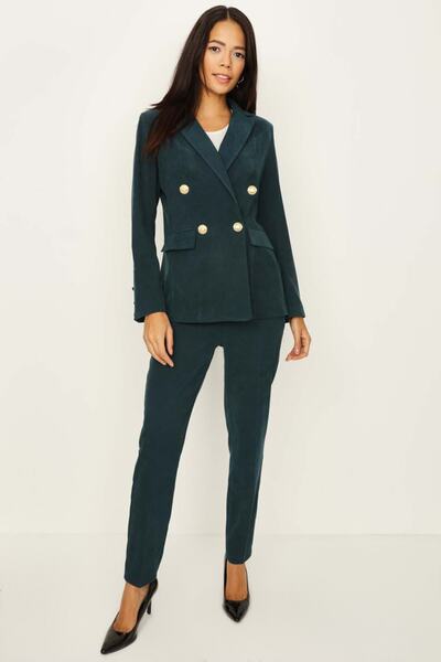 Select Moda Kadın Petrol Yeşili Gold Düğmeli Süet Ceket