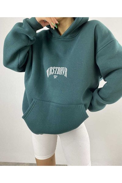 Black Sokak Women's Green Dont Hoodie Printed Oversize Sweatshirt