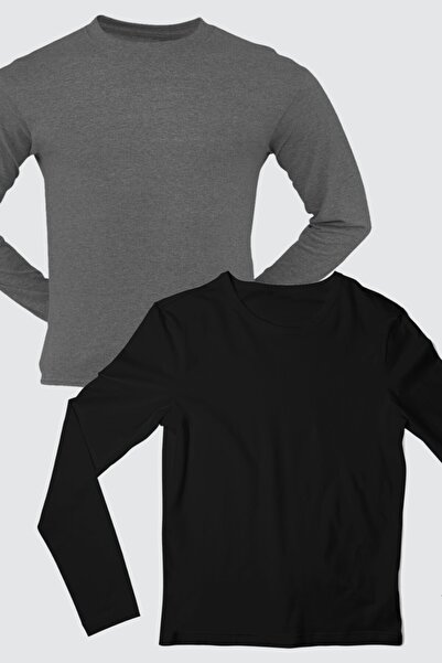 ROCKANDROLL Düz Siyah, Antrasit Uzun Kollu Erkek T-shirt 2'li Eko Paket