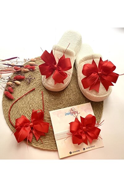 irembaby Anne Bebek Lohusa Seti Kırmızı Tüylü Fiyonk Lohusa Tacı Terlik ve Be...