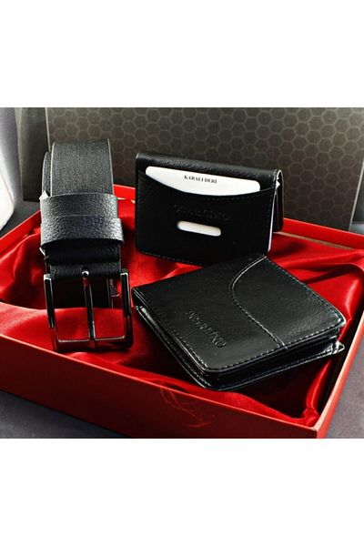 Karalı Deri Belt Wallet Card Holder Set