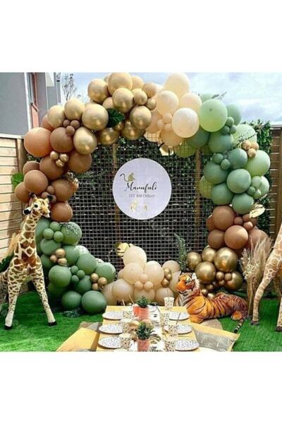 MERİ PARTİ Chrome Gold, Mold Green and Milk Coffee Balloon Chain 100 Pieces