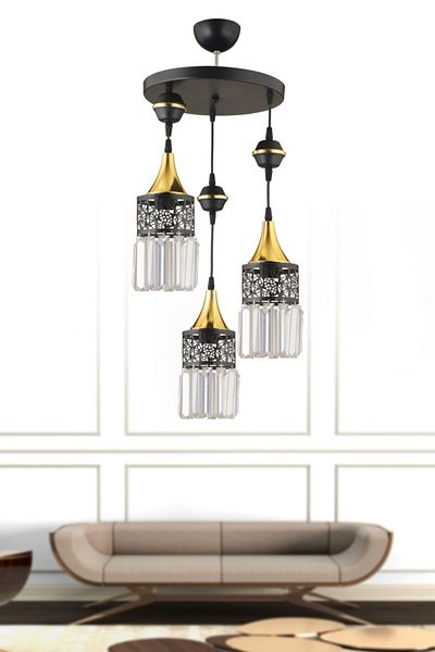 SONSUZ AYDINLATMA&AVİZE Dilan Pendant Lamp Tray Black 3-Wire Yellow Downward Facing Crystal Stone Chandelier