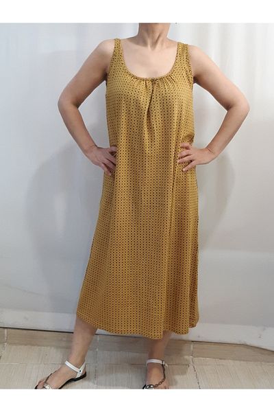 Mertcan Butik Yellow and Black Patterned Combed Cotton Viscose Dress with Gathered Front and Back