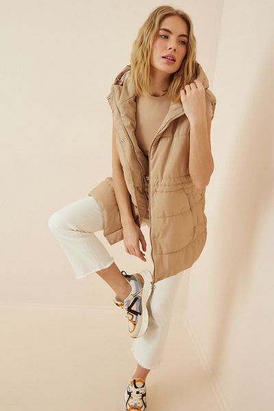Happiness İstanbul Γυναικείο Κρεμ με κουκούλα Oversize Long Puffer Γιλέκο RV00017