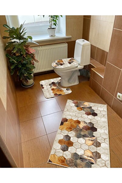 Modern home Geometrik Desen 3'lü Set Banyo Paspası, Klozet Takımı Kaymaz Taba...