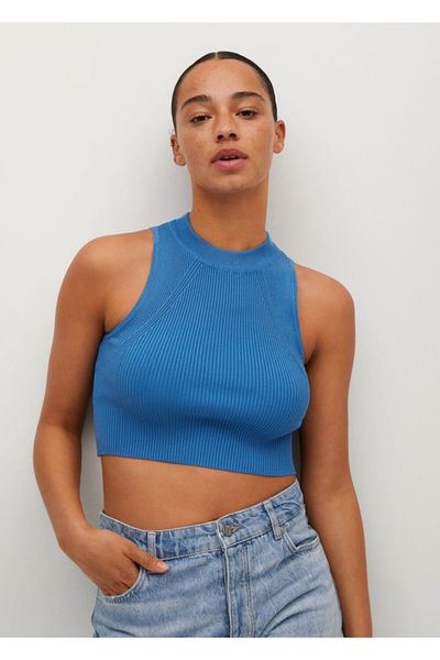 MANGO Woman Women's Blue Ribbed Crop Top