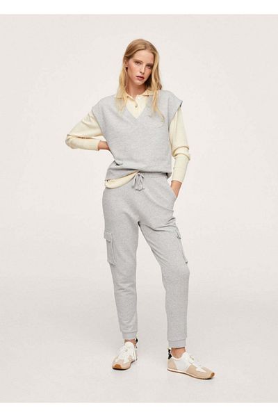 MANGO Woman Mittelgrauer Baumwollpullover mit V-Ausschnitt für Damen