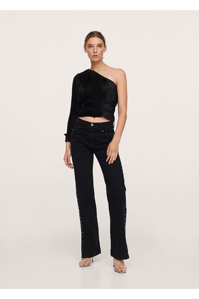 MANGO Woman Women's Black Denim Studded Straight Cut Jeans