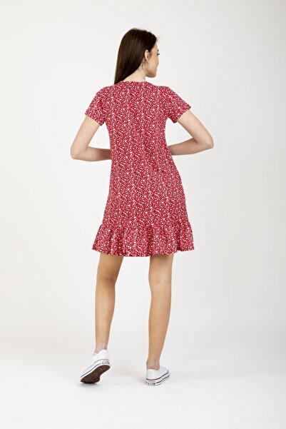 MD trend Women's Red V-Neck Skirt Flounced Floral Pattern Dress