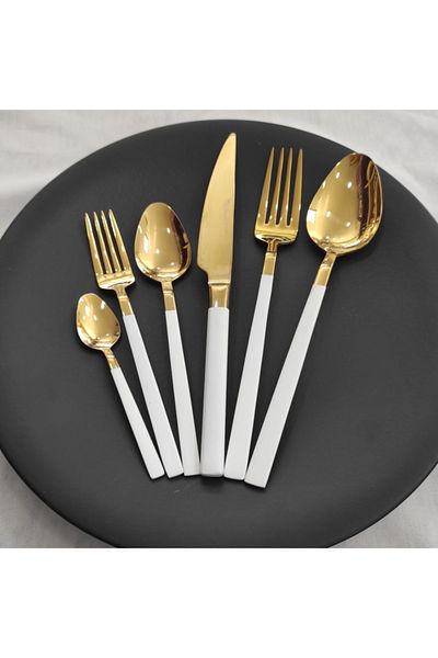 BRONDOFF 84 Piece Stayle White Titanium Gold Fork Spoon Knife Set for 12 Persons