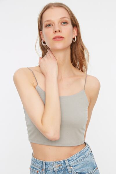 Trendyol Collection Šedý bavlněný popruh na špagety přiléhavý/přizpůsobený úpletový pletený pletený atlet TWOSS20AL0006