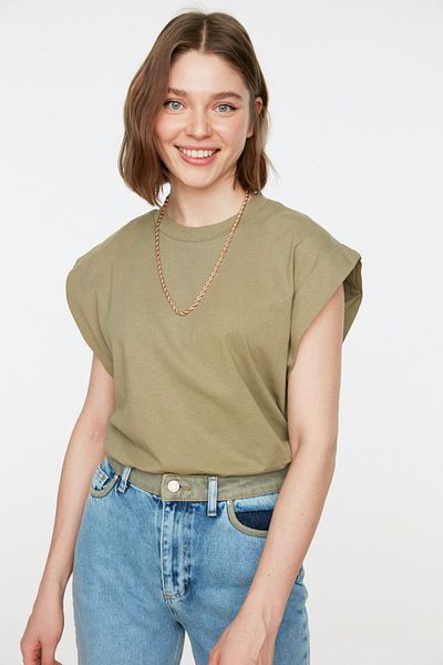 Trendyol Collection Tricou de bază pentru ciclism din bumbac - guler tricotat 100% kaki