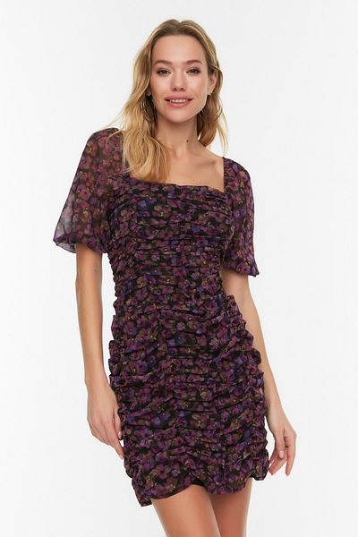 Trendyol Collection Μαύρο λουλουδάτο υφασμένο φόρεμα με λεπτομέρεια σιφόν με επένδυση TWOSS22EL0126