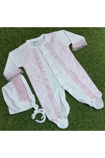 Sönmez Baby Kaftan Dantel Brode Çiçek Penye Tulum Ve Şapka Kız Bebe Takım